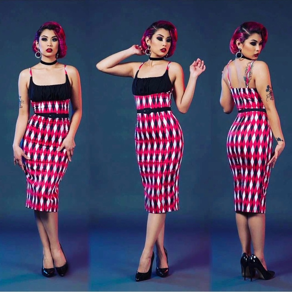 Pinup Couture Red and Black Harlequin Evangeline wiggle dress *reduced*